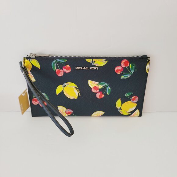 Michael Kors Jet Set Travel Large Top Zip Wristlet Clutch Navy Fruit Handbag - Picture 2 of 7